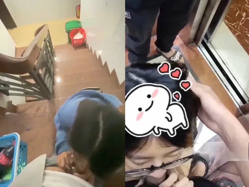 Em đang liếm củ khoải thì thang máy có người vào, vừa hồi hộp vừa nứng